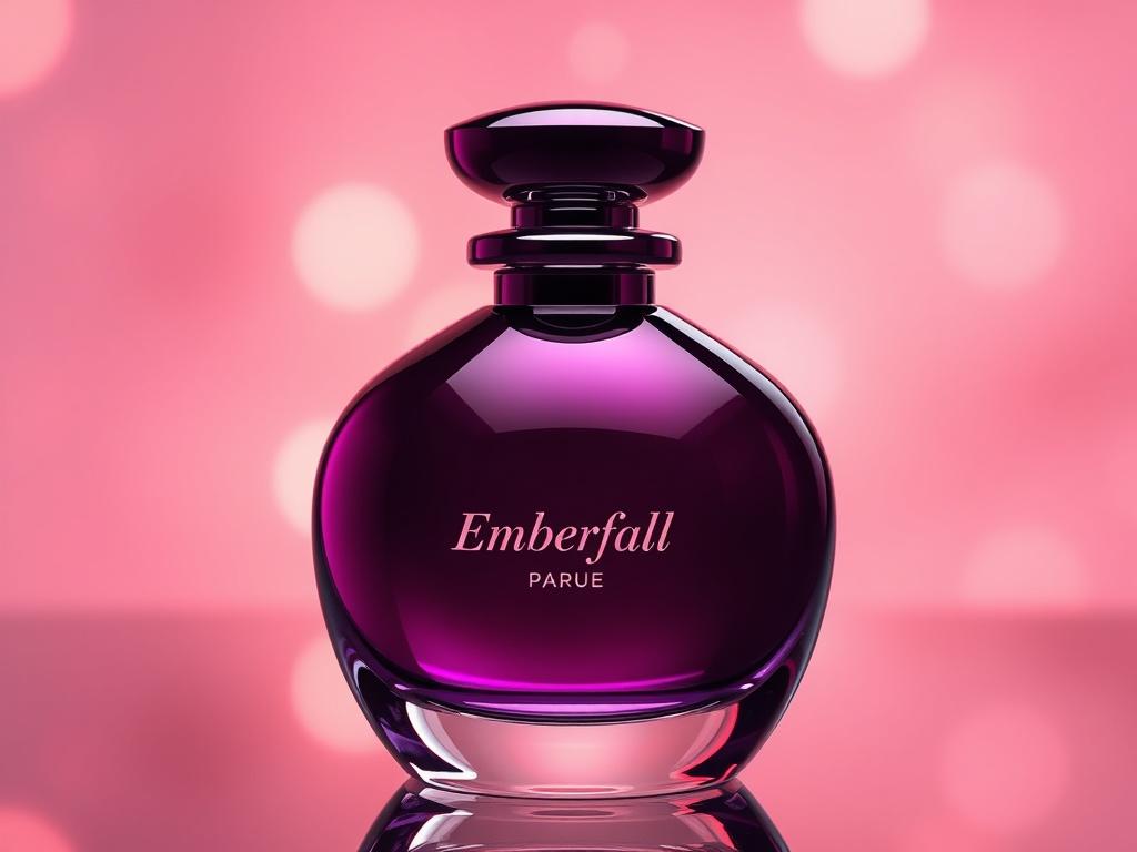 A photorealistic image of a sleek, high-end perfume bottle labeled 'Emberfall'. The bottle should have a hyper-glossy finish with mirror-like reflections, showcasing its luxurious design. The background should be softly blurred to emphasize the bottle, with luminous highlights that enhance the overall elegance of the composition. The color palette should harmonize with the rgb(3, 125, 201) primary color, ensuring a striking visual impact.