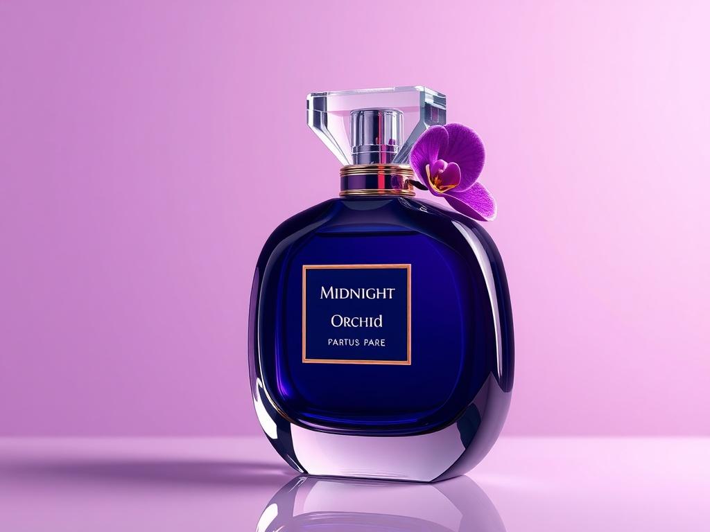 Create a photorealistic, high-resolution image of a luxurious perfume bottle labeled 'Midnight Orchid'. The bottle should have hyper-glossy, mirror-like reflections and ultra-shiny surfaces, showcasing luminous highlights. Place the bottle on a simple, elegant background that enhances its beauty. The color scheme should align with rgb(3, 125, 201), ensuring a visually appealing contrast that draws attention to the product.