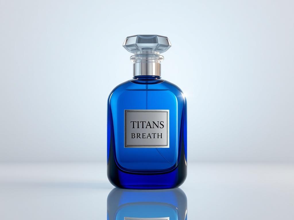 Create a hyper-realistic image of a luxurious perfume bottle labeled 'Titan’s Breath'. The bottle should have an ultra-glossy surface, reflecting light beautifully and showcasing the vibrant blue color (rgb(3, 125, 201)). The background should be minimalistic, allowing the bottle to stand out, with luminous highlights enhancing its elegance. The composition should be simple, focusing solely on the perfume bottle with no distractions.