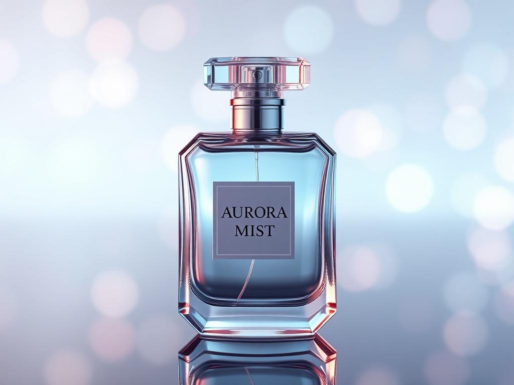 A photorealistic high-resolution image of a luxury perfume bottle labeled 'Aurora Mist'. The bottle should feature hyper-glossy and mirror-like reflections, with ultra-shiny surfaces and luminous highlights, set against a soft, blurred background that enhances the elegance of the product. The primary color theme should align with rgb(3, 125, 201), creating a stunning visual impact that captures the essence of brightness and playfulness.
