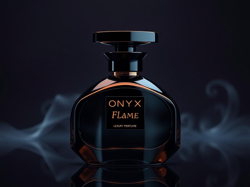 A photorealistic high-resolution image of a luxury perfume bottle named 'Onyx Flame'. The bottle is sleek and modern, with hyper-glossy, mirror-like reflections and ultra-shiny surfaces. The rich color palette features deep blacks and hints of dark cocoa brown, with luminous highlights that create an eye-catching effect. The background is simple and elegant, enhancing the bottle's luxurious appeal.