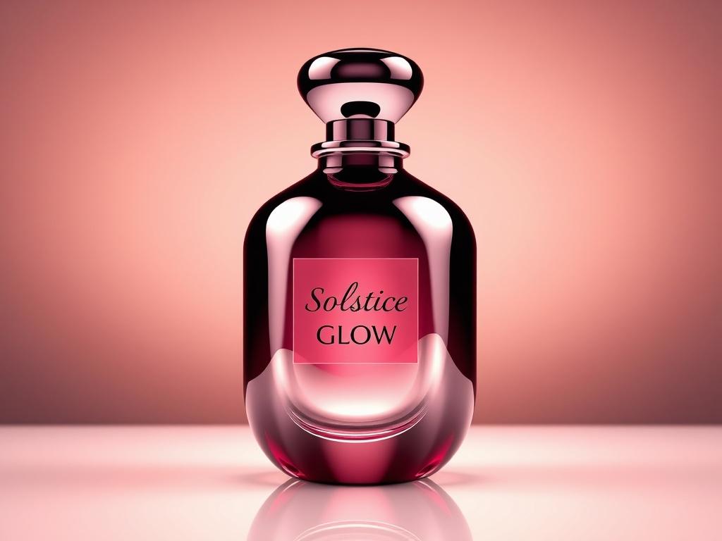 Create a realistic high-resolution photo of a perfume bottle named 'Solstice Glow'. The bottle should have a hyper-glossy, mirror-like finish, reflecting luminous highlights. The design should be elegant and sophisticated, with soft curves and a luxurious cap. The background should be simple and uncluttered, featuring a subtle gradient that complements the rgb(3, 125, 201) primary color. The lighting should enhance the shiny surfaces and create a warm, inviting atmosphere.