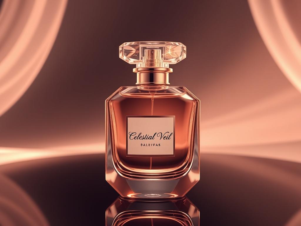 A photorealistic high-resolution image of a luxurious perfume bottle named 'Celestial Veil'. The bottle should feature hyper-glossy, mirror-like reflections and ultra-shiny surfaces, capturing luminous highlights. The bottle is elegantly designed, showcasing its high-end appeal, and is placed against a simple, soft-focus background that emphasizes its beauty. The color scheme should harmonize with the primary color rgb(3, 125, 201). The image should evoke a sense of luxury and sophistication.