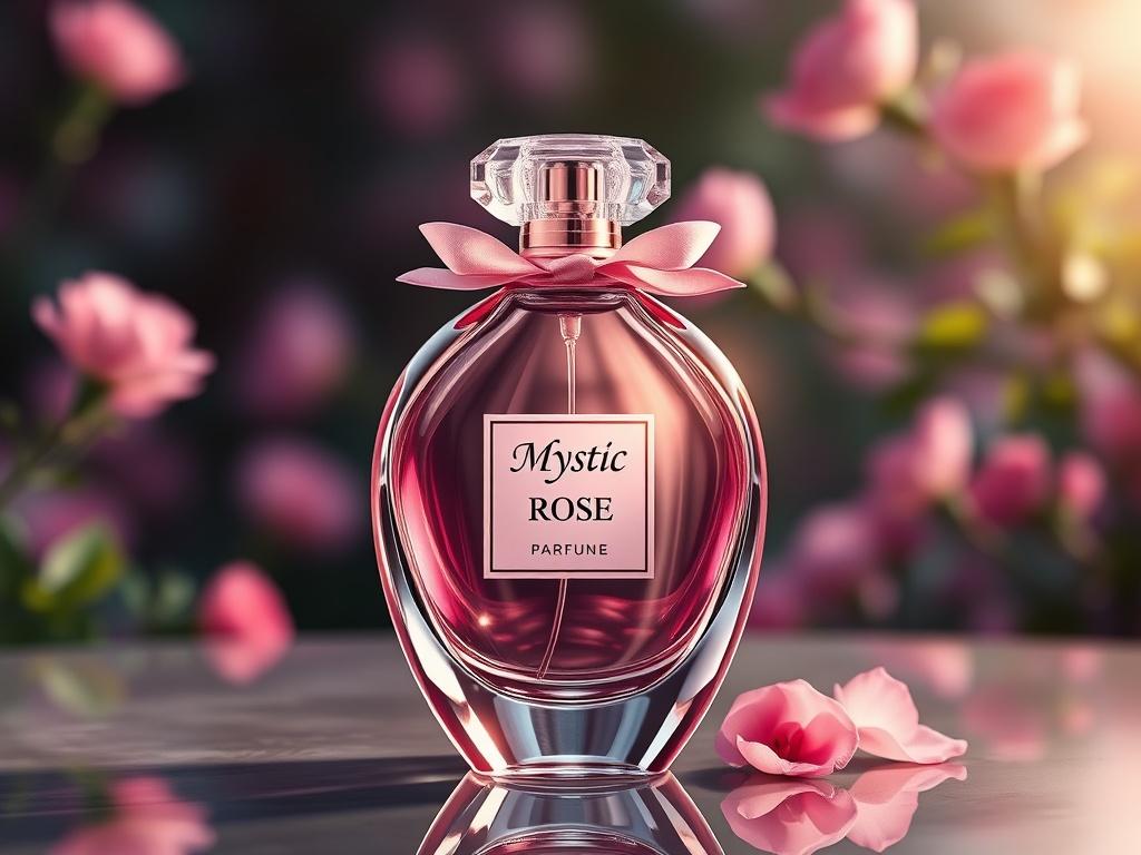 Create a realistic high resolution of a luxurious perfume bottle