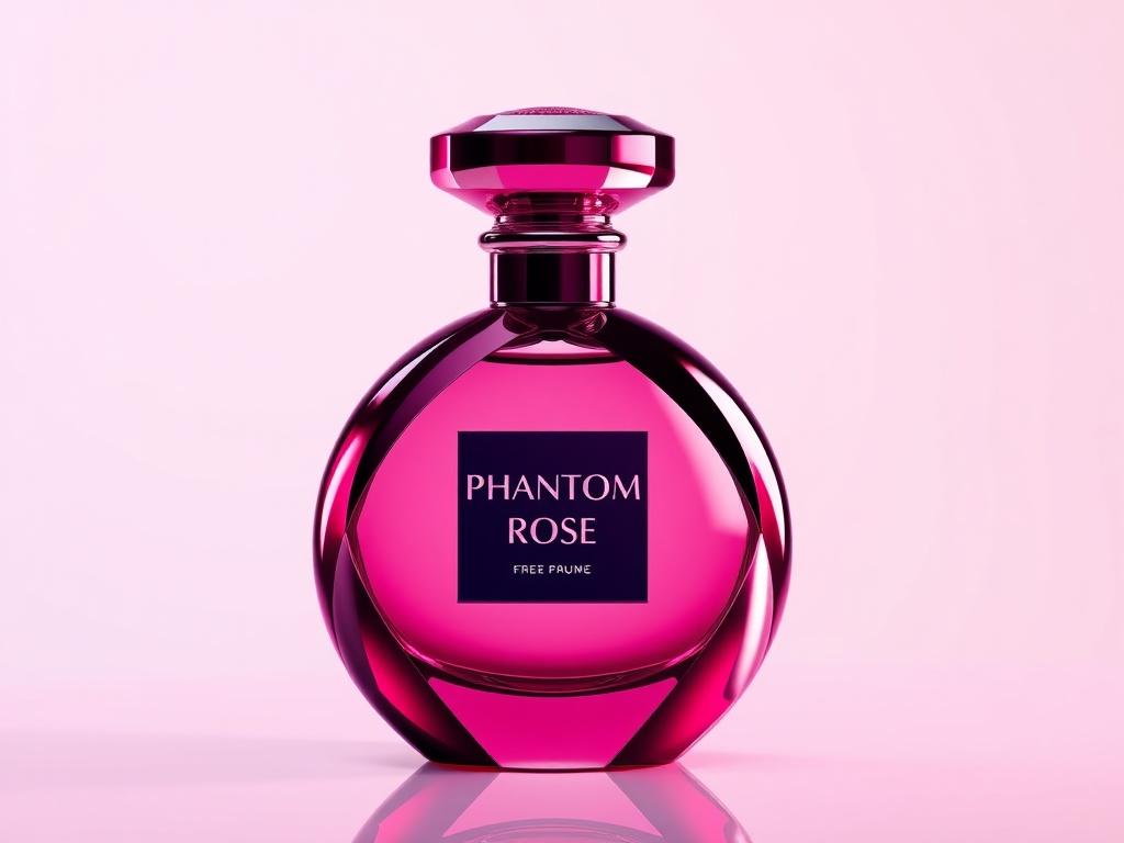 Create a photorealistic high-resolution image of a single luxurious perfume bottle named 'Phantom Rose'. The bottle should be elegantly shaped, featuring a deep rose color with a glossy, mirror-like finish. The background should be simple and soft to highlight the perfume, with luminous highlights reflecting off the bottle. Use the primary color rgb(3, 125, 201) to enhance the overall aesthetic, ensuring the image conveys intensity and luxury.
