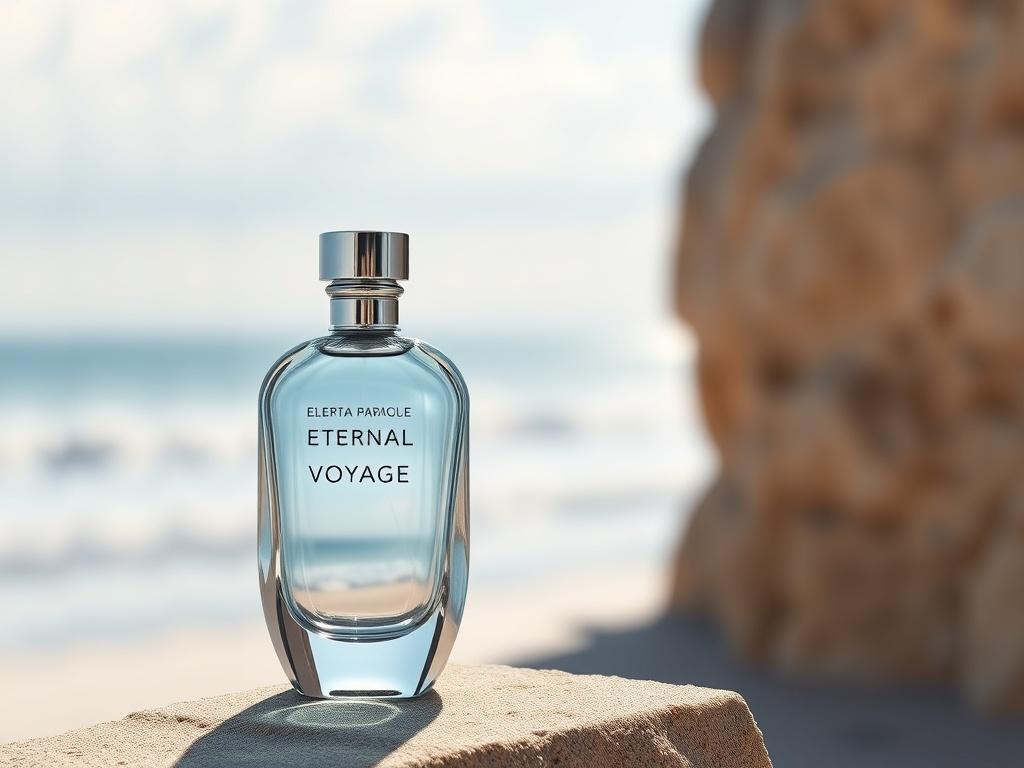 Create a photorealistic high-resolution image of a luxurious perfume bottle for 'Eternal Voyage'. The bottle should have a sleek, modern design with hyper-glossy surfaces and mirror-like reflections. Place the bottle against a soft, blurred background that suggests a coastal landscape, with hints of blue and sandy tones to reflect the marine notes. Include luminous highlights to enhance the elegance of the bottle, making it the sole focus of the image.