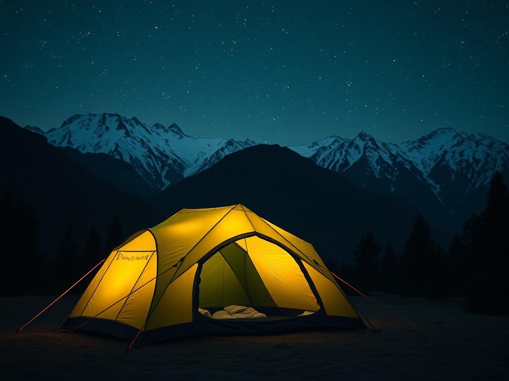 A serene camping scene in Kashmir at night, showcasing a