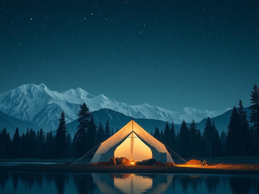 A serene night camping scene in Kashmir, showcasing a premium