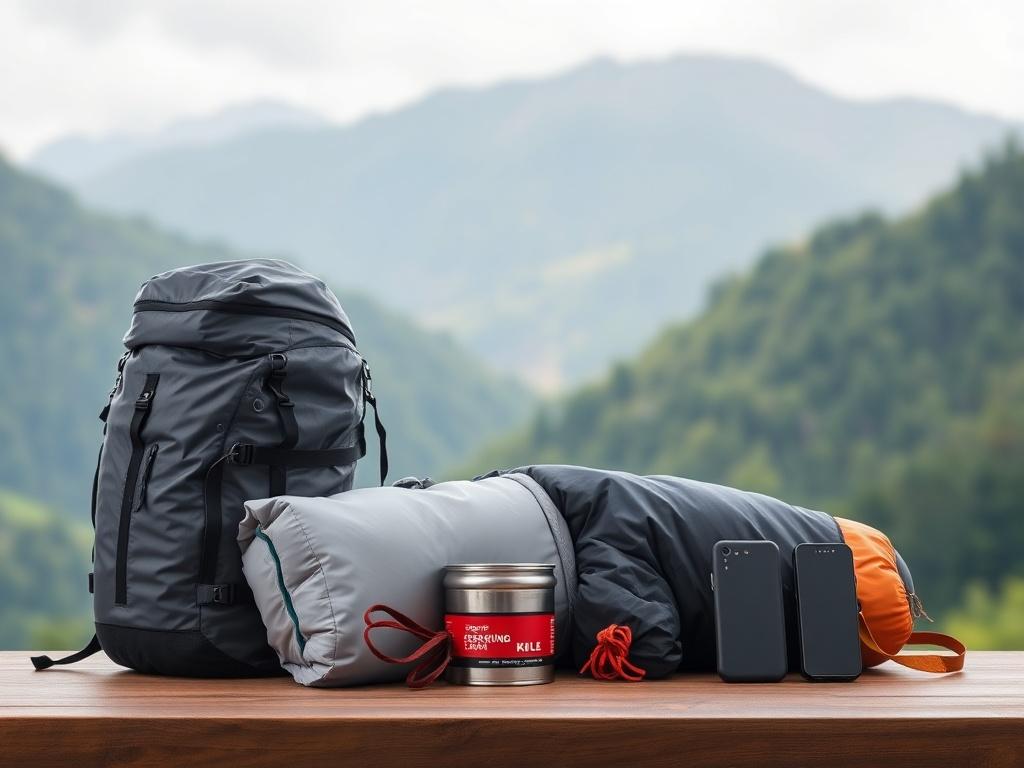 A neatly arranged display of essential trekking gear for outdoor