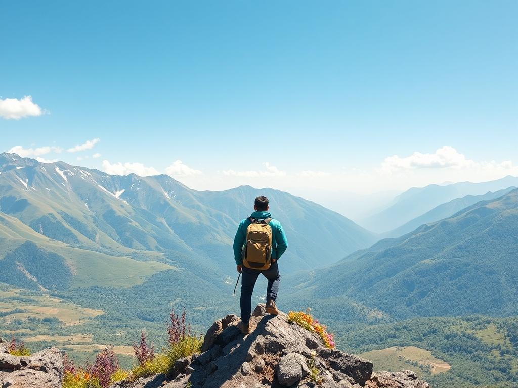 An inspiring view of a trekker standing on a mountain