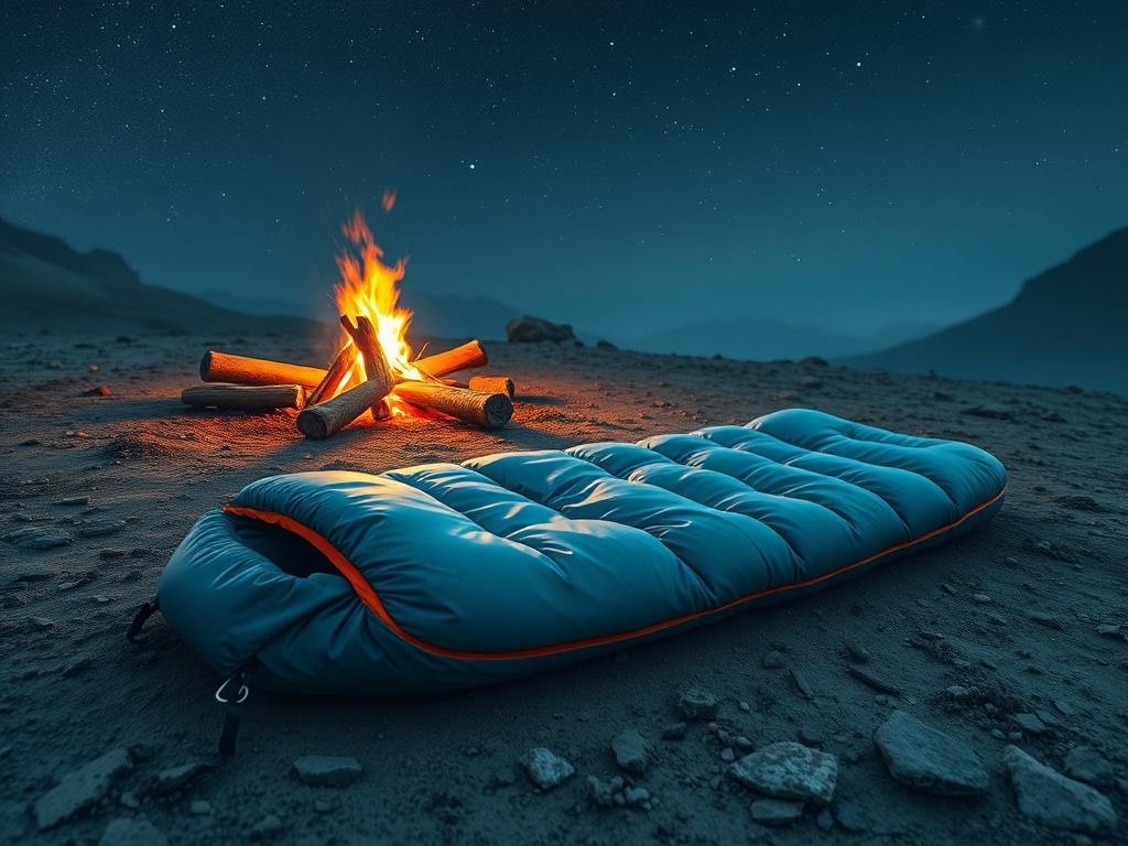 A high resolution image of a compact sleeping bag laid