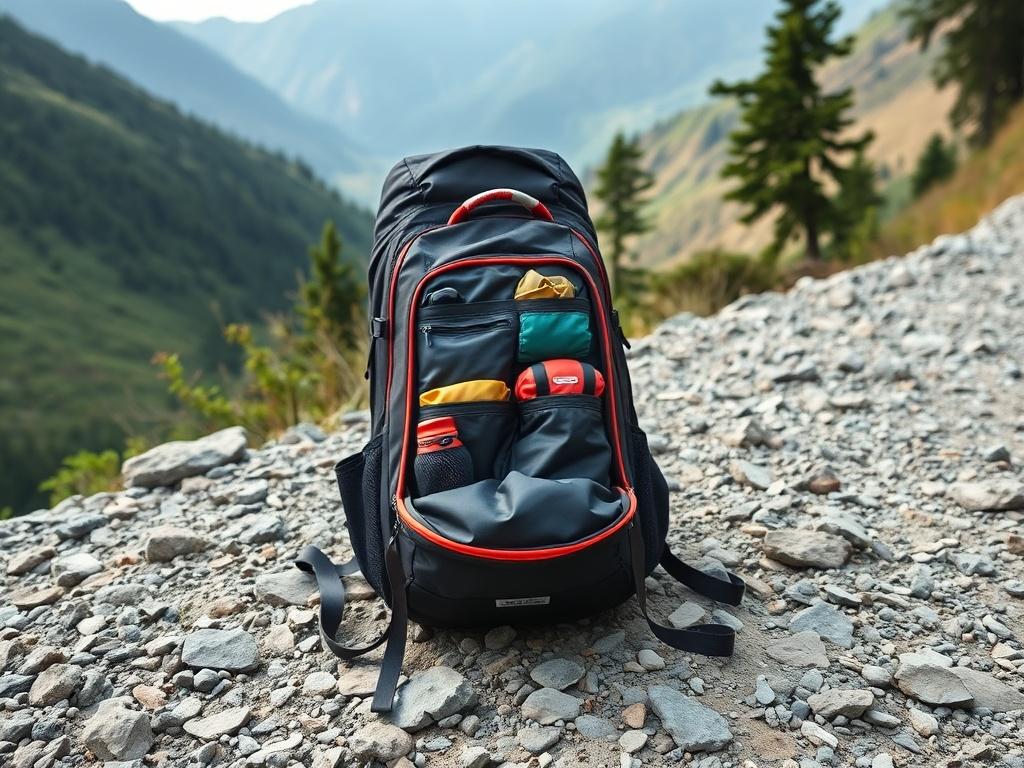 A high resolution image of a trekking backpack placed on