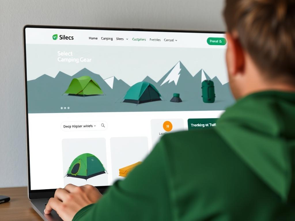 A person selecting camping gear on a website, highlighting tents