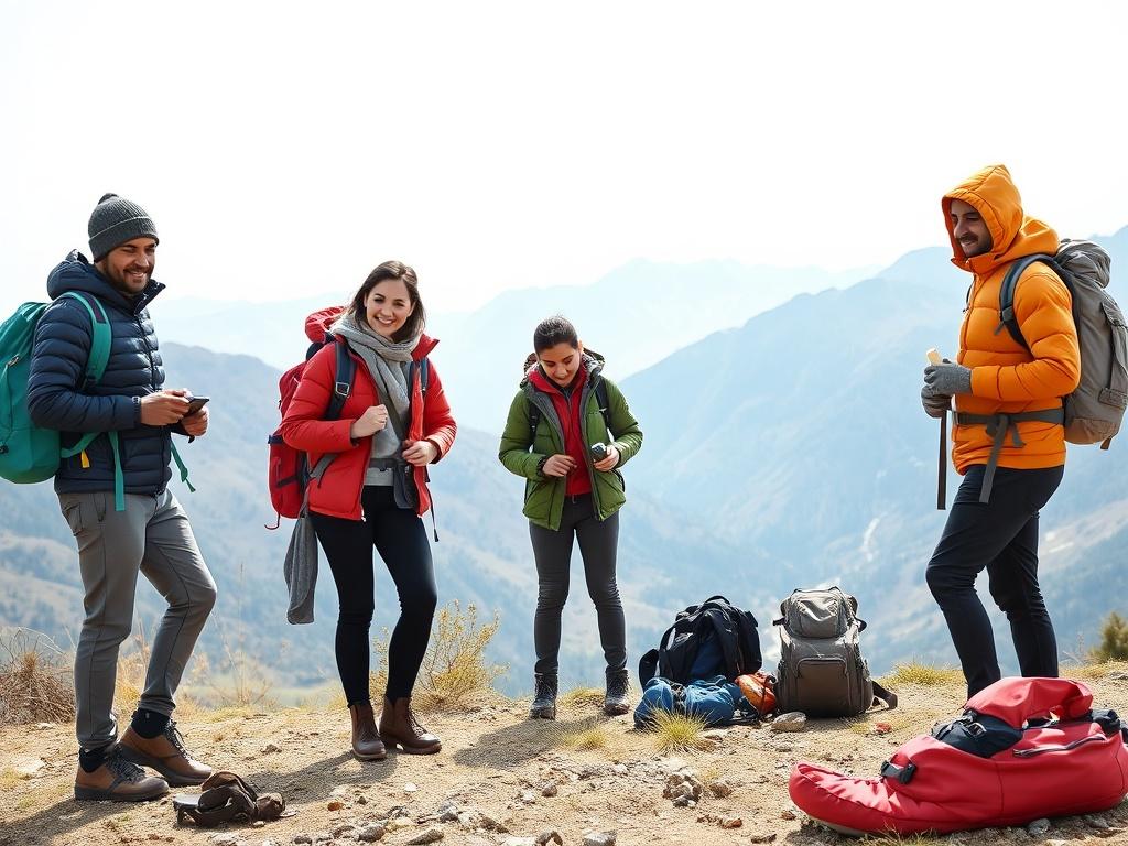 Happy travelers picking up their outdoor gear at a scenic