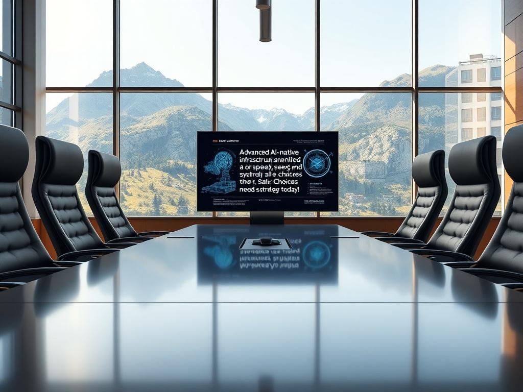 A hyper-realistic close-up shot of a modern conference room with a large, sleek table, and high-backed chairs. In the center, a digital screen displays compelling graphics related to AI infrastructure. The background features large windows allowing natural light to flood in, showcasing the beautiful Swiss landscape outside. The focus is on the screen, emphasizing the urgency of the message: 'Advanced AI-native infrastructure cannot be optimized for speed, sovereignty, and scale all at the same time. Choices