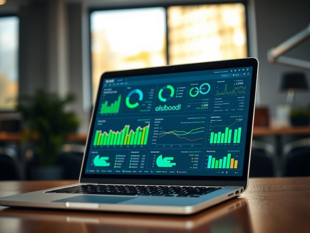 A hyper-realistic close-up shot of a laptop displaying a vibrant dashboard filled with graphs and data analytics. The scene should focus on the screen with a blurred office background, emphasizing a professional environment. Use soft lighting to enhance the details on the screen while keeping the colors vivid, particularly featuring shades of green to reflect innovation.