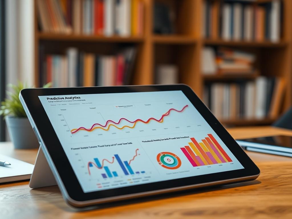 A hyper-realistic close-up of a tablet displaying predictive analytics graphs with clear trends and projections. The setting should be a modern office desk with a blurred bookshelf in the background. The tablet screen should be vibrant, showcasing colorful charts that symbolize forward-thinking and data analysis.