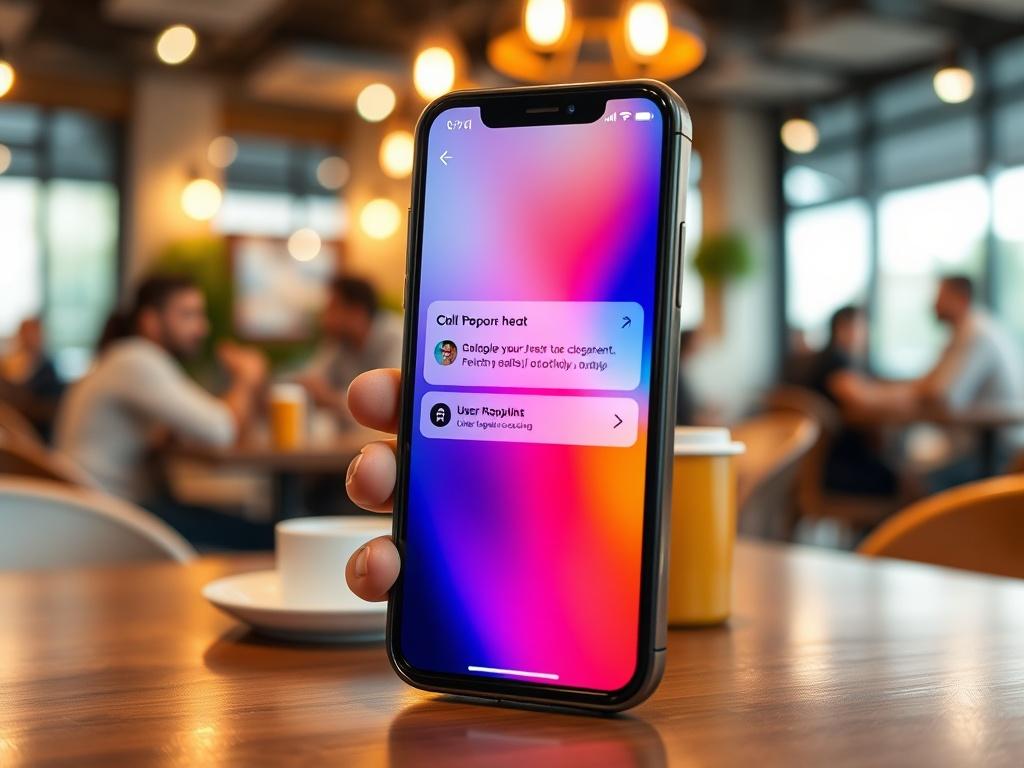 A hyper-realistic close-up of a smartphone showing a customer engagement app with personalized notifications. The background should be an inviting café setting, with soft focus on people interacting in the background. The smartphone should be in the foreground, showcasing vibrant colors on the screen that reflect user engagement.
