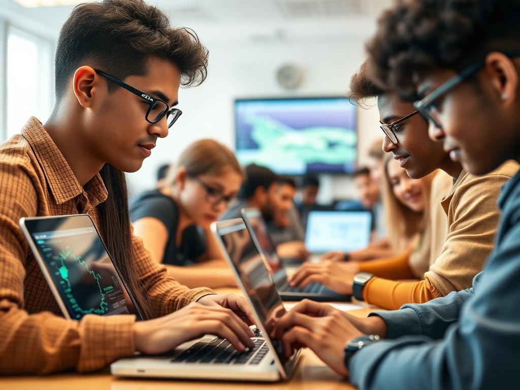 A close-up shot of a diverse group of students engaged in a data science project, with laptops open and data visualizations displayed on the screens. The background features a bright classroom environment, shot with a 45mm f/1.2 lens style.