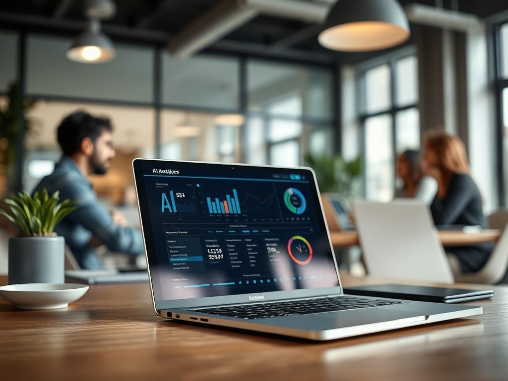 A close-up shot of a modern workspace featuring a laptop displaying AI analytics on the screen, with a blurred background of a collaborative team discussing ideas in a bright, airy office space. The image should be shot with a 45mm f/1.2 lens style, focusing on the laptop and the engaging atmosphere.