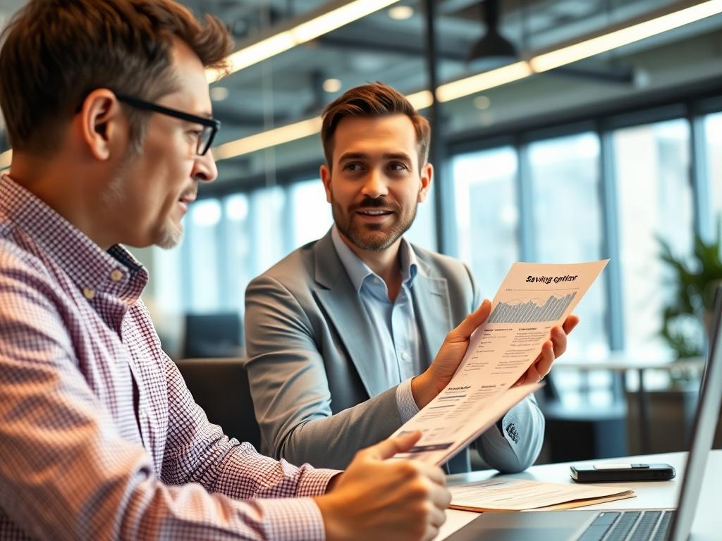 A close-up shot of a confident financial advisor interacting with a client in a modern office setting. The advisor is explaining savings options with clear visuals, and the background shows a sleek and professional workspace. The lighting is warm and inviting, emphasizing a sense of trust and clarity.