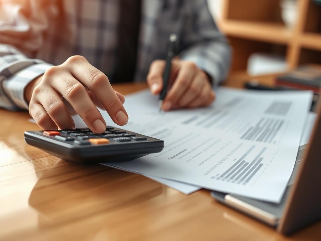 A close-up shot of a person analyzing financial documents with a calculator and a pen, focused on a clear, organized workspace. The background should be softly blurred to emphasize the subject, with warm tones that complement the primary color rgb(193, 153, 87). The lighting should be natural and inviting, highlighting the details of the documents and the calculator.