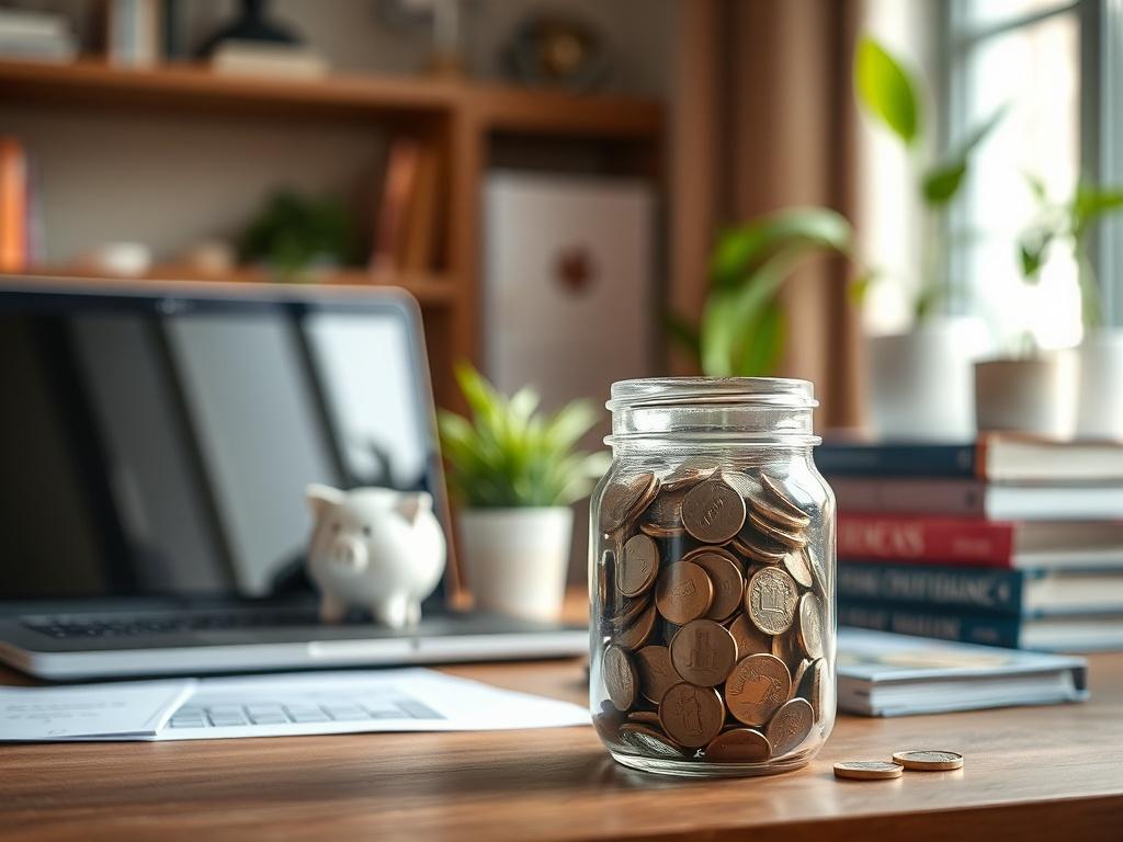 **Image Generation Prompt:**

Create a realistic high-resolution photo focusing on a single subject that embodies the theme of "Guide de l'épargne sécurisée." The main subject should be a neatly arranged table displaying a variety of modern savings tools, such as a sleek laptop, a decorative piggy bank, and a few neatly stacked financial books about savings and investments. 

In the foreground, prominently feature a clear glass jar filled with coins, symbolizing the collection and growth of savings. This ja