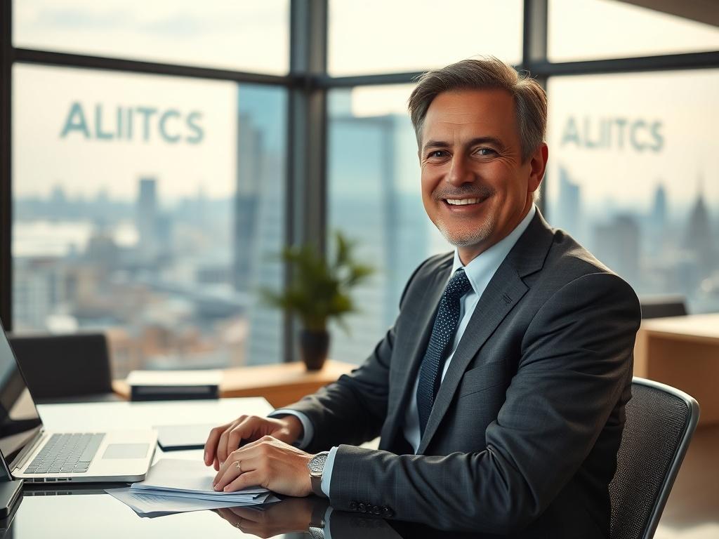 A hyper-realistic close-up of a confident financial advisor in a modern office setting. The advisor is a middle-aged person with a warm smile, wearing a tailored suit, sitting at a sleek desk with financial documents and a laptop. The background features a large window with a view of a city skyline, indicating a professional environment. Soft natural light illuminates the scene, creating an inviting atmosphere.