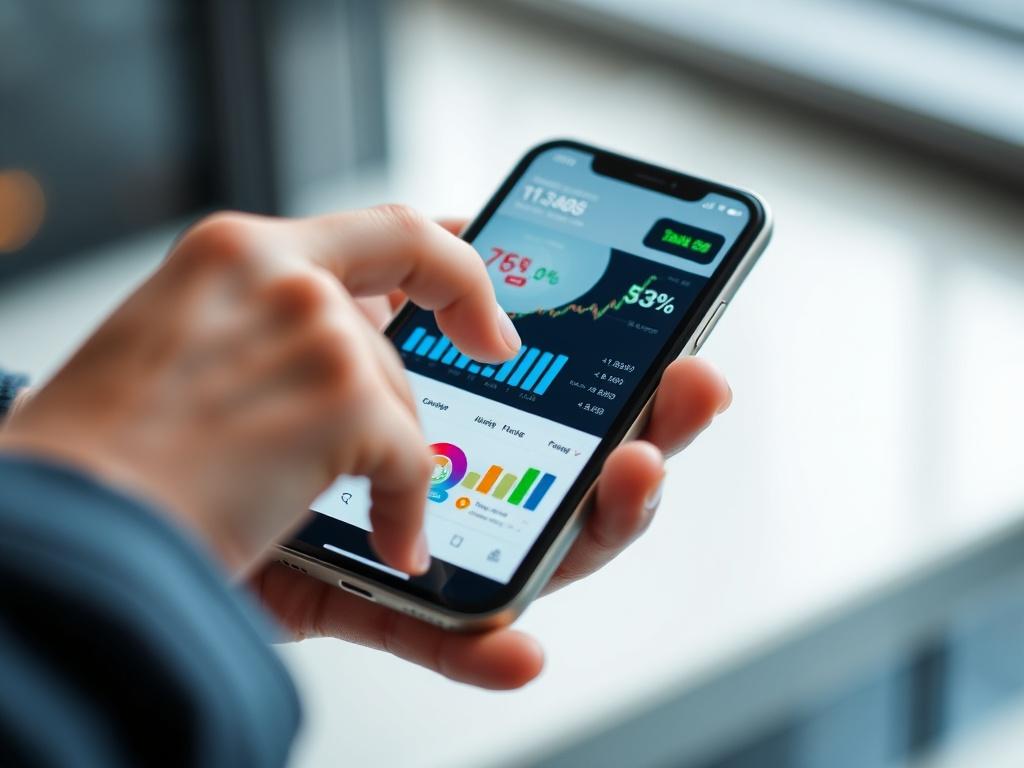 A close-up shot of a hand interacting with a user-friendly financial app on a smartphone, showcasing vibrant graphs and easy-to-understand data. The background should be softly blurred, emphasizing the app interface and a sense of modernity.