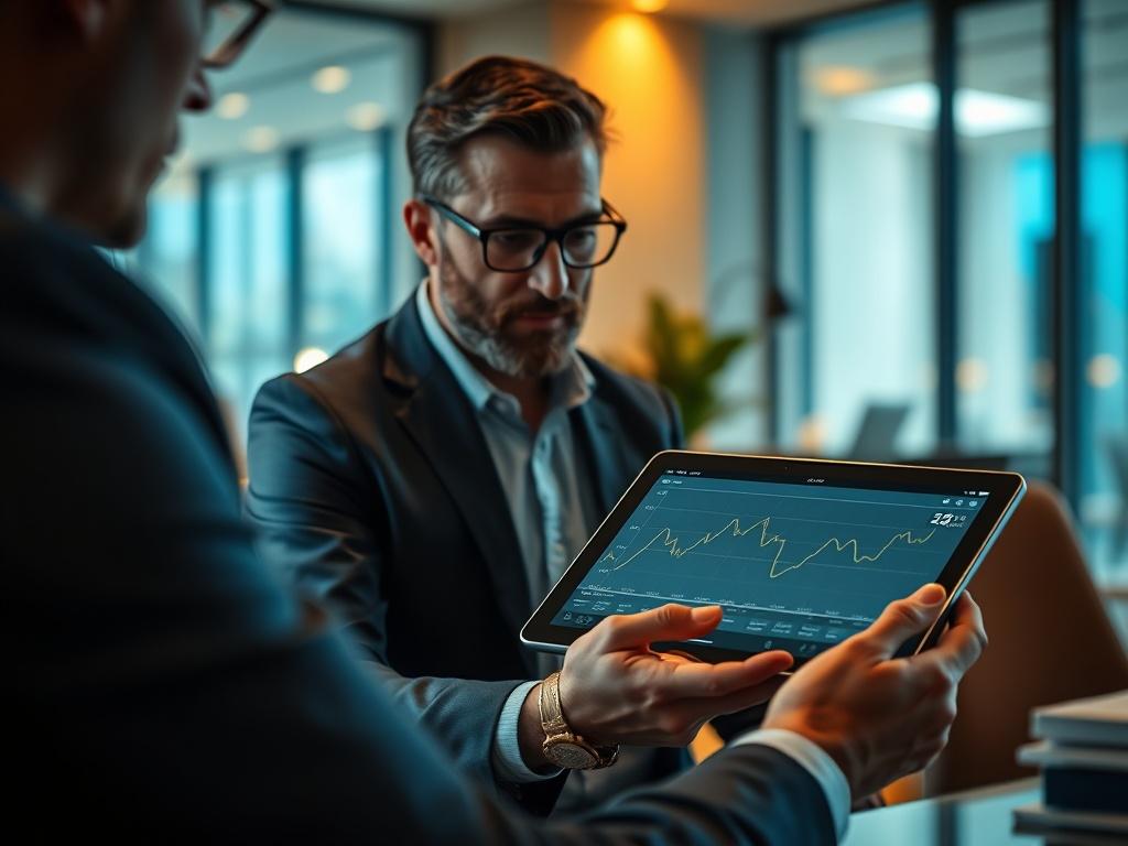 A close-up shot of a financial advisor discussing cryptocurrency investments with a client. The advisor is explaining a graph on a tablet, which shows trends in cryptocurrency values. The setting is a modern office with a clean and professional look, and the lighting is warm and inviting. The focus is on the advisor and the tablet, capturing the engagement between them.