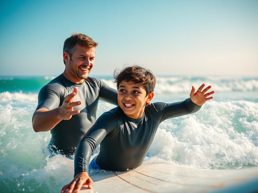 A close up photograph of a surf instructor teaching a