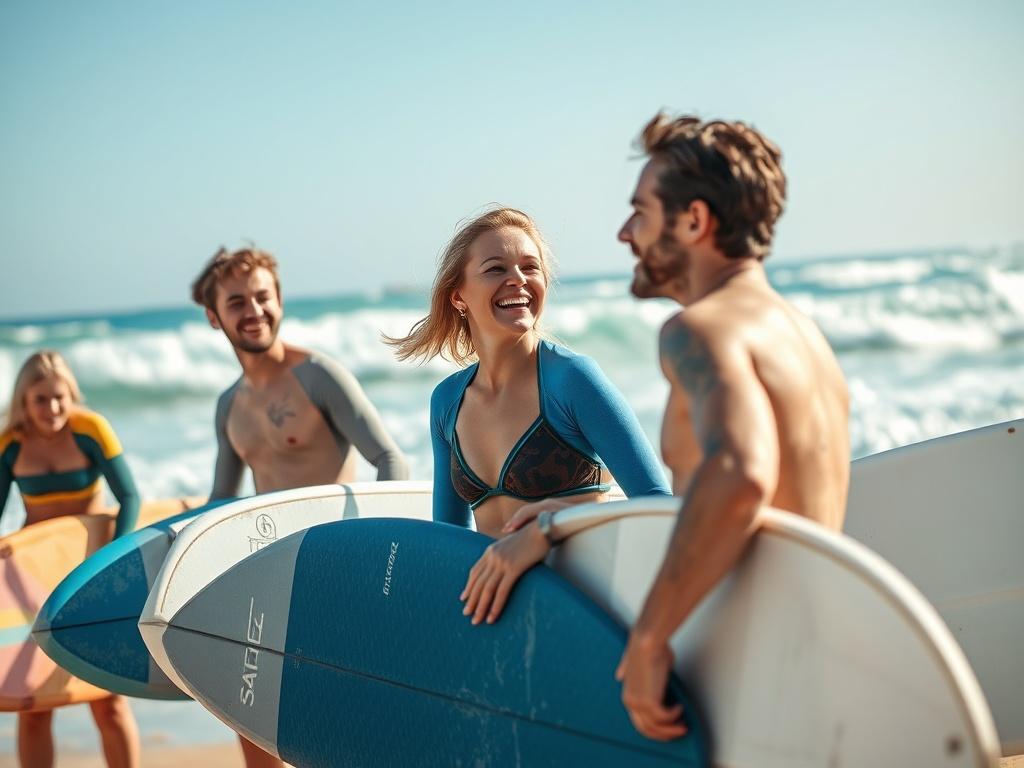 A high resolution image of a group of surfers laughing