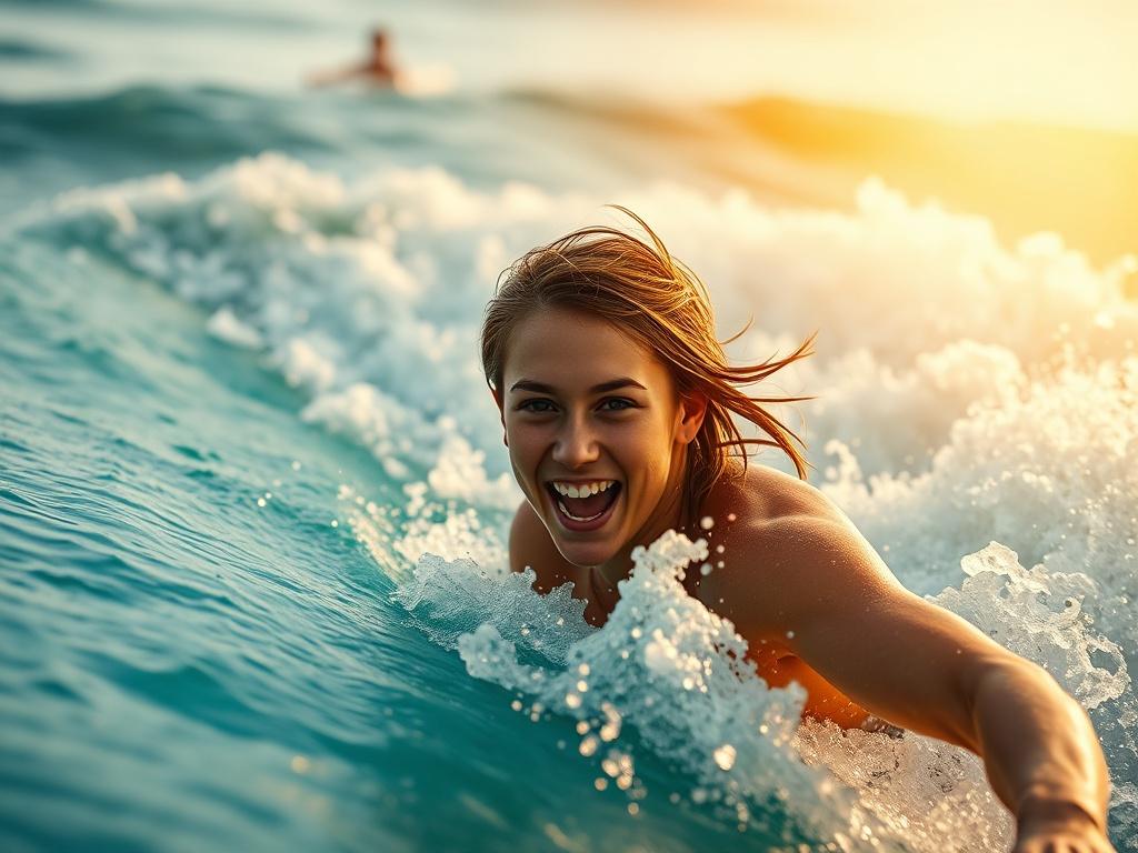 A close up shot of a beginner surfer catching their