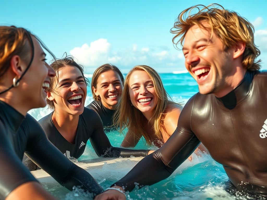 A close up shot of a group of surfers laughing