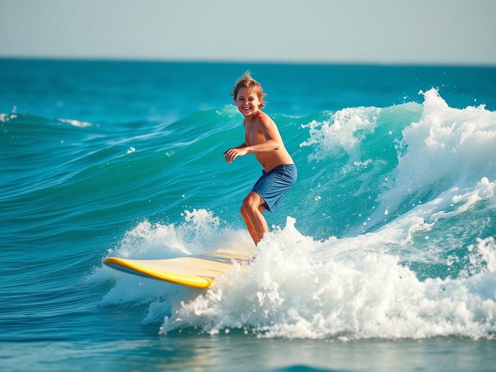 A close up shot of a beginner surfer catching their