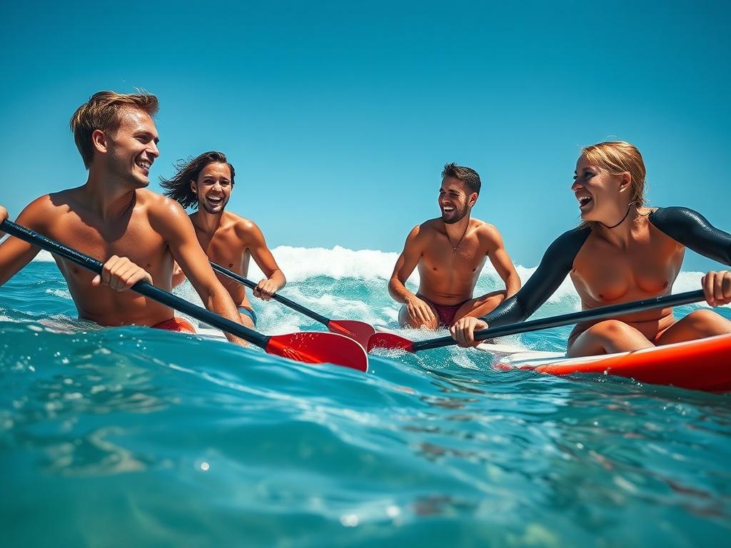 A vibrant image of a group of surfers laughing and