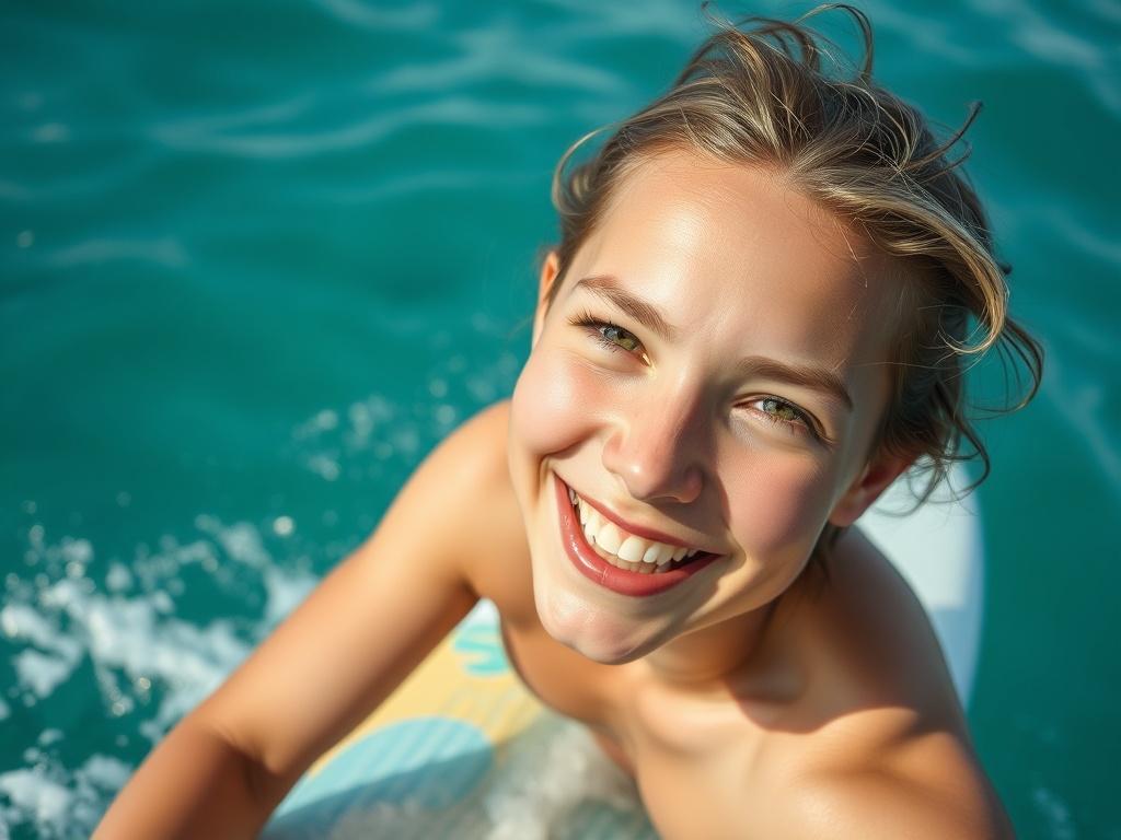 A close up shot of a smiling beginner surfer on