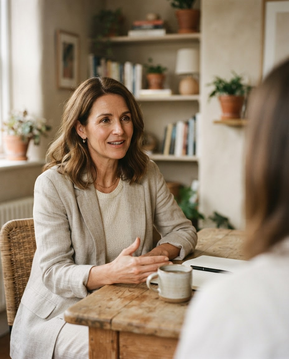Renata Ashby mid-conversation with a client, natural window light