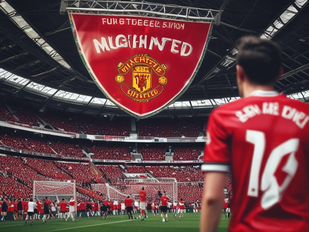 "Create a realistic high-resolution photo capturing the excitement and adrenaline of match day from the perspective of a dedicated Manchester United supporter. The image should feature a single fan, positioned in the foreground, wearing a Manchester United jersey, complete with a scarf held proudly in one hand and a look of anticipation on their face. The background should depict a vibrant stadium scene, with blurred hints of cheering crowds in Manchester United colors, while soft lighting creates a warm, e