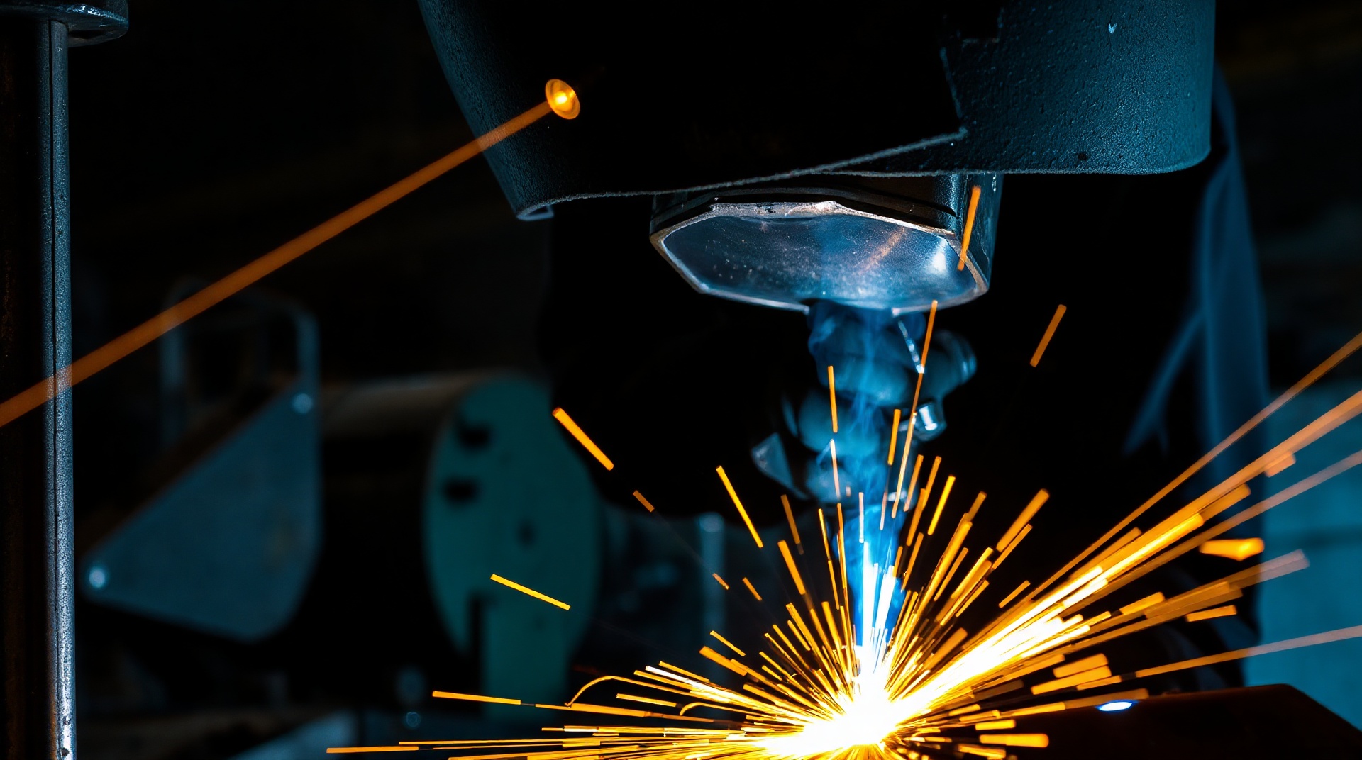 Professional mobile welding service with sparks flying on heavy equipment