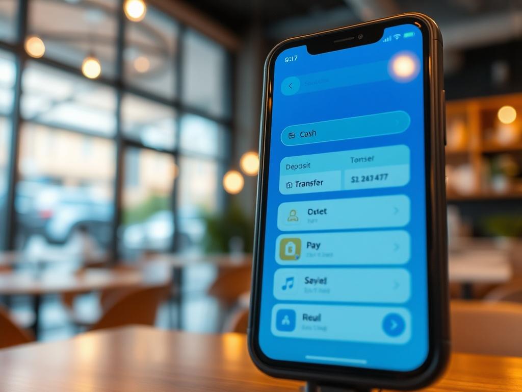 A hyper-realistic close-up of a smartphone displaying the ICCASH© app interface, showcasing the cash services features like deposit, transfer, pay, buy, and withdraw. The background should be a blurred, modern interior of a cafe, with warm lighting to evoke a sense of comfort and security. The focus should be sharp on the smartphone and the app interface, emphasizing the user-friendly design. The color scheme should incorporate shades of blue that match the rgb(2, 86, 197) primary color.