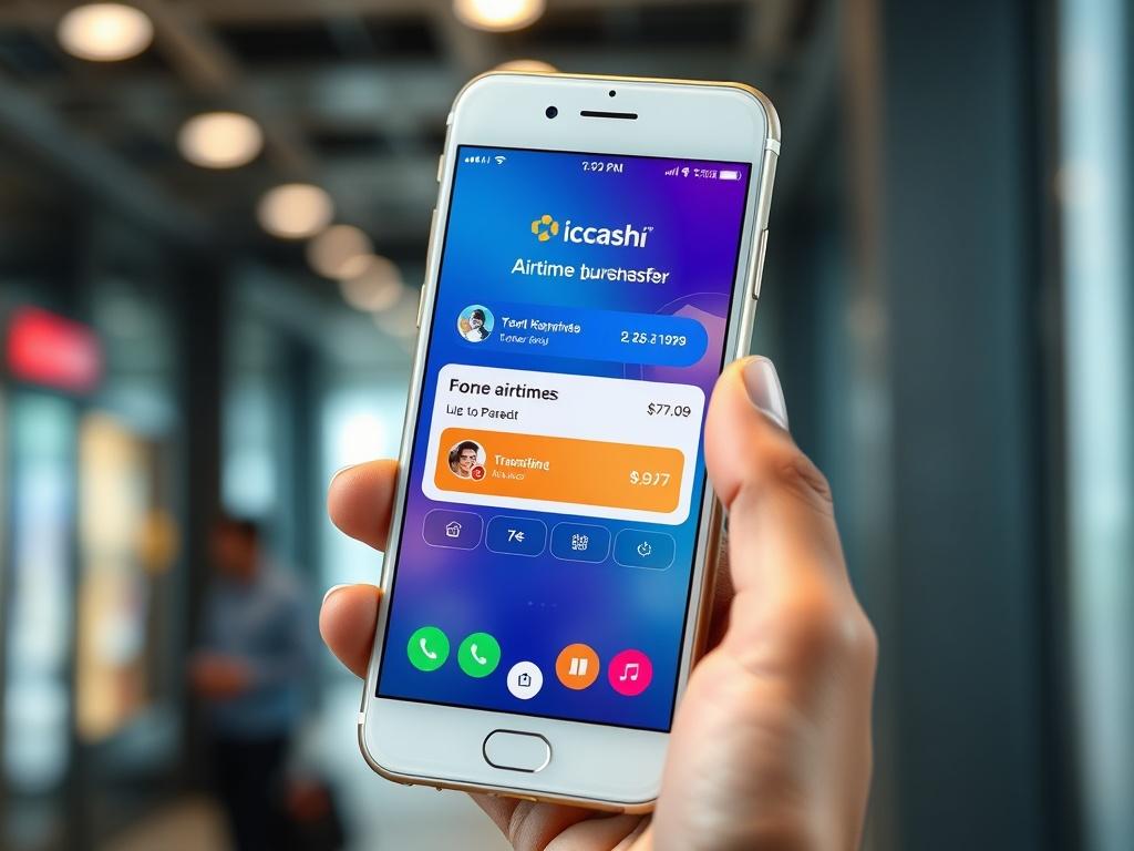 A close-up shot of a mobile phone displaying the ICCASH© app interface, showcasing the airtime purchase and transfer feature. The phone should be held in a hand, with a blurred background emphasizing a modern, tech-savvy environment. The focus should be sharp on the phone screen, capturing the vibrant colors and details of the app. Use hyper-realistic rendering, shot with a 45mm f/1.2 lens style, and ensure the color scheme aligns with rgb(2, 86, 197).