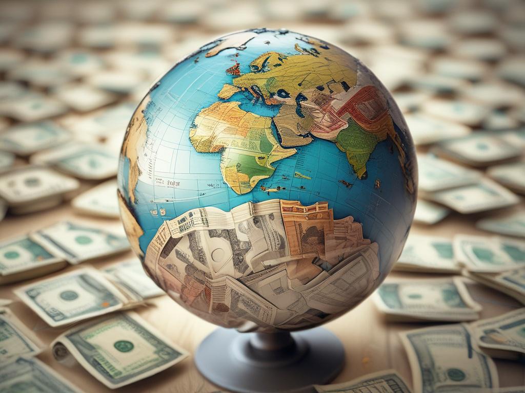 A high resolution image of a globe with various currency