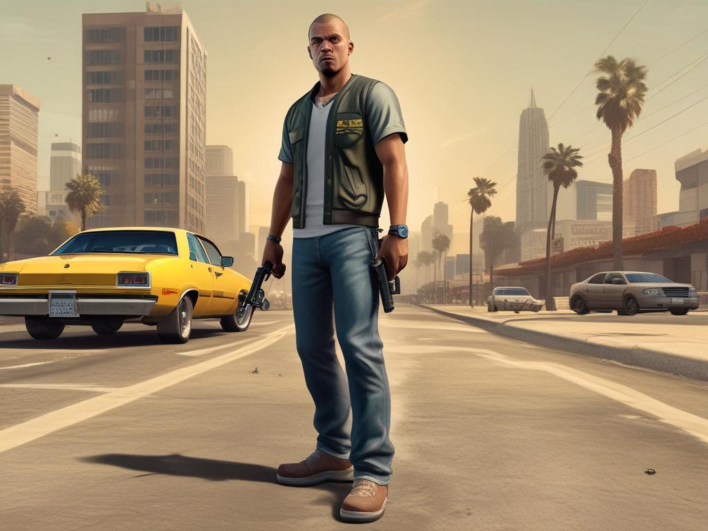 A high resolution image showcasing a virtual character from GTA
