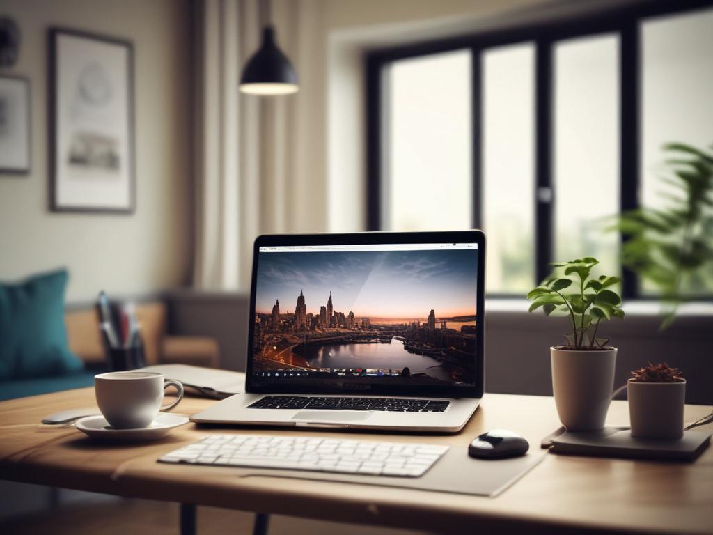 A close-up shot of a modern workspace set up in a stylish hotel room, showcasing a laptop open to a travel website, a coffee cup beside it, and a beautiful cityscape view through the window. The room is well-lit and decorated with elegant furniture, creating a perfect blend of business and leisure. The image should have a hyper-realistic quality, captured with a 45mm f/1.2 lens style, emphasizing the warm atmosphere of a bleisure experience.