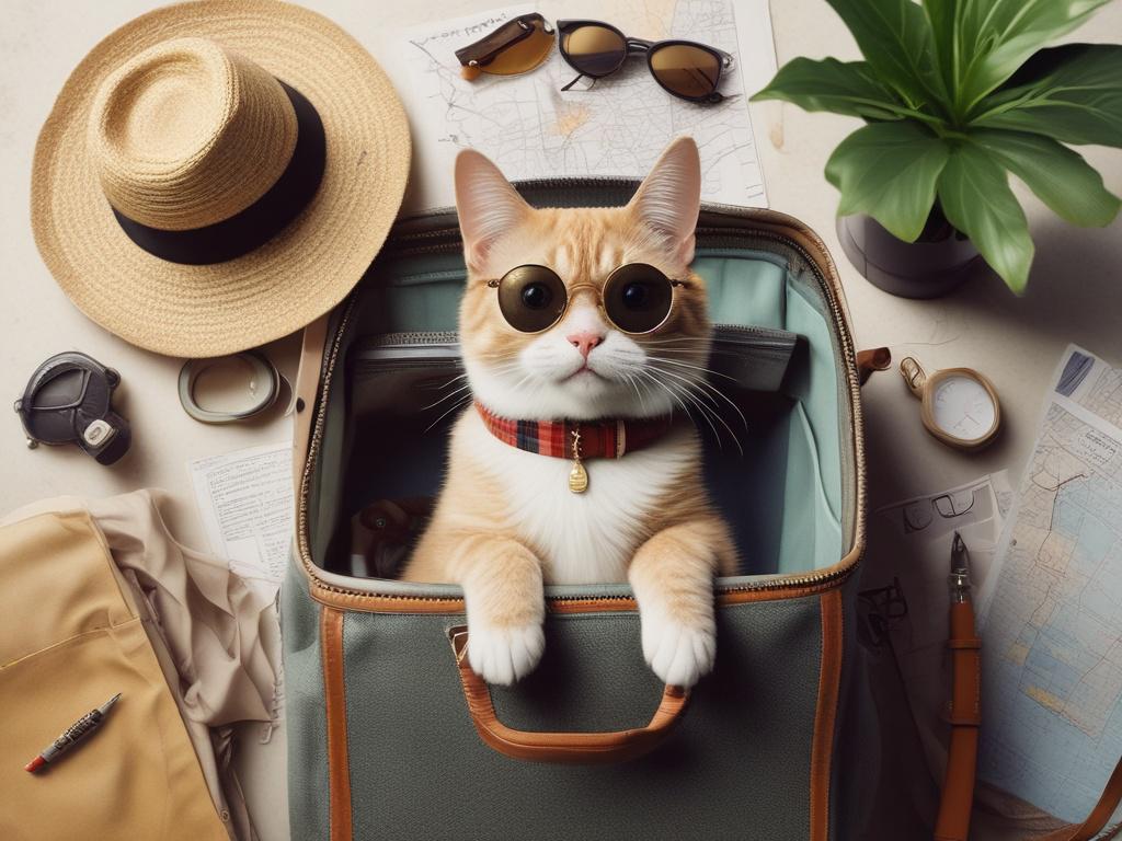 A hyper-realistic close-up shot showing a happy cat sitting in a beautifully designed travel bag, surrounded by vacation essentials like sunglasses, a sun hat, and a map. The background features a soft, blurred view of a sunny beach, creating an inviting holiday atmosphere. The image should be vibrant and colorful, focusing on the cat's joyful expression, with the overall color scheme harmonizing with rgb(85, 141, 151). The composition should be clear and simple, highlighting the cat as the main subject.