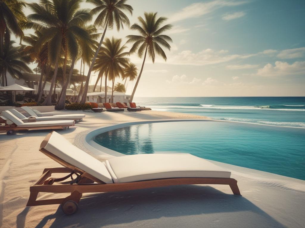 A luxurious travel scene showcasing an exquisite beach resort. The image features a stunning infinity pool overlooking a pristine beach with crystal-clear waters. In the foreground, a sunbed with plush cushions and a stylish sun umbrella invites relaxation. The background includes palm trees swaying gently in the breeze, and a vibrant sunset casting warm hues over the horizon. The composition focuses on the pool area, capturing the essence of luxury and tranquility, shot with a 45mm f/1.2 lens.