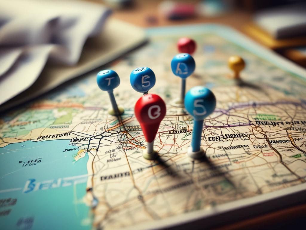 Create a realistic high-resolution photo that captures the essence of a multi-stop travel itinerary. The image should feature a beautifully detailed travel map with pins marking various destinations, showcasing a diverse range of landscapes such as mountains, beaches, and cityscapes. The background should be softly blurred to keep the focus on the map and the vibrant pins. The overall color scheme should harmonize with the rgb(85, 141, 151) primary color, creating an inviting and adventurous atmosphere.