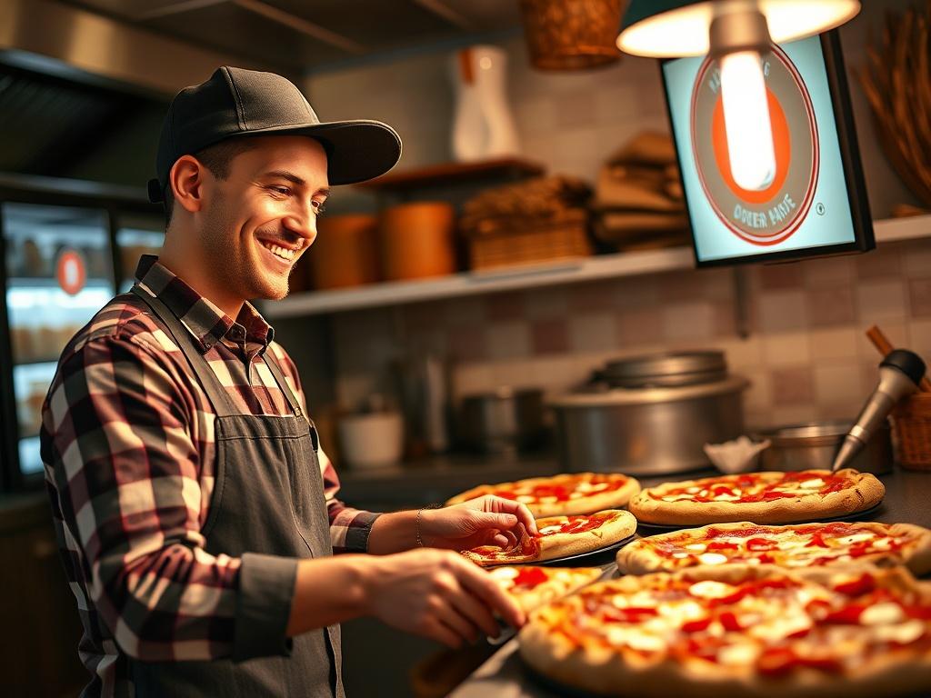A dynamic image depicting a pizza shop employee happily preparing