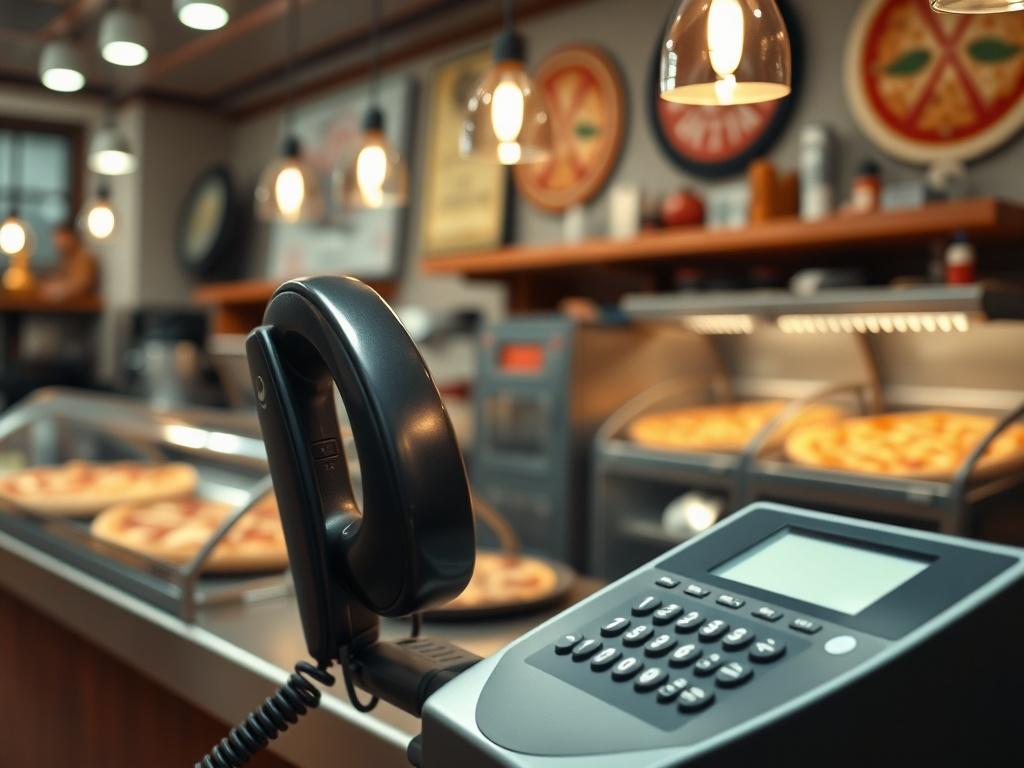 A close up shot of a pizza shop's phone ringing